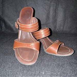 Etienne Aigner Sandals Brown Stack Heel Slides Size 7.5 Women's Leather Buckle